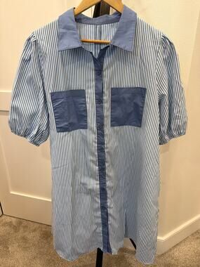 NWOT Sky Blue Stripe Color Block Pockets Mini Dress Large